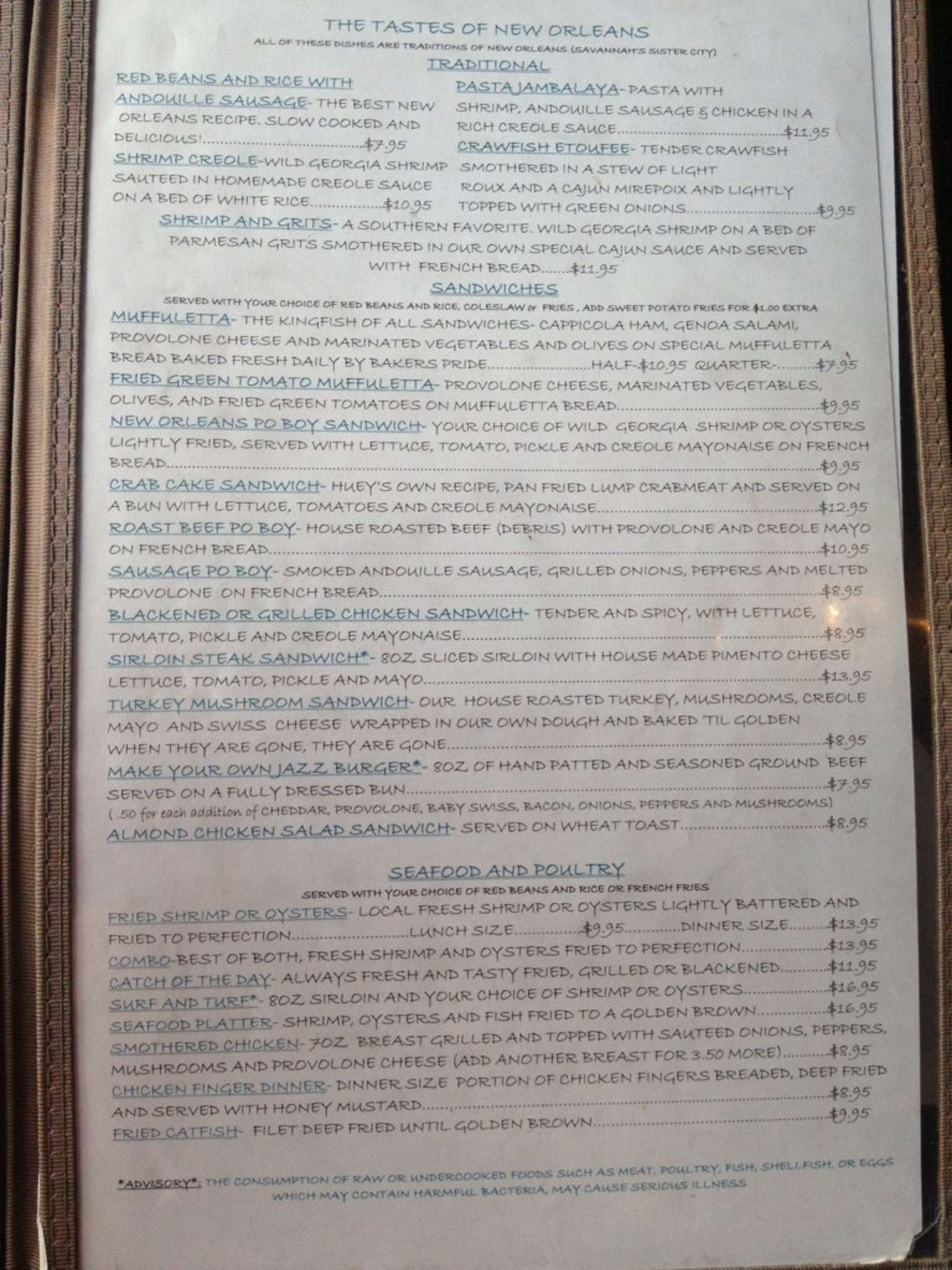Menu at Huey's restaurant, Savannah, 115 E River St