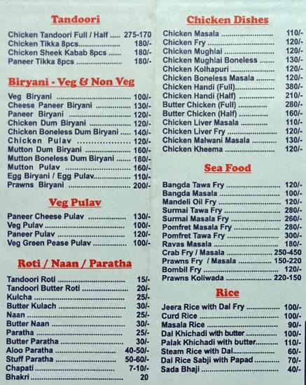 Menu at New Maharashtra, Mumbai, G-8