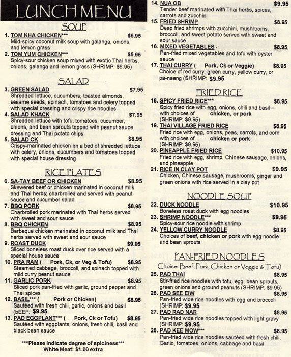 Thai Village Menu, Menu for Thai 