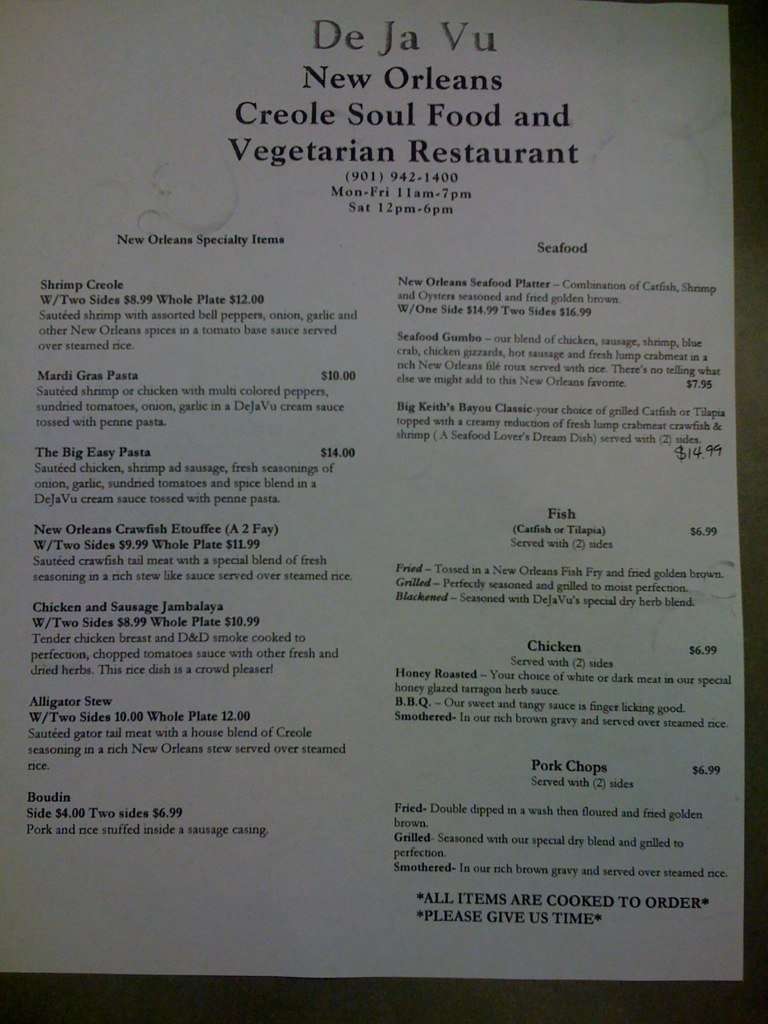 Menu at DeJAVU restaurant, Memphis, 51 S Main St