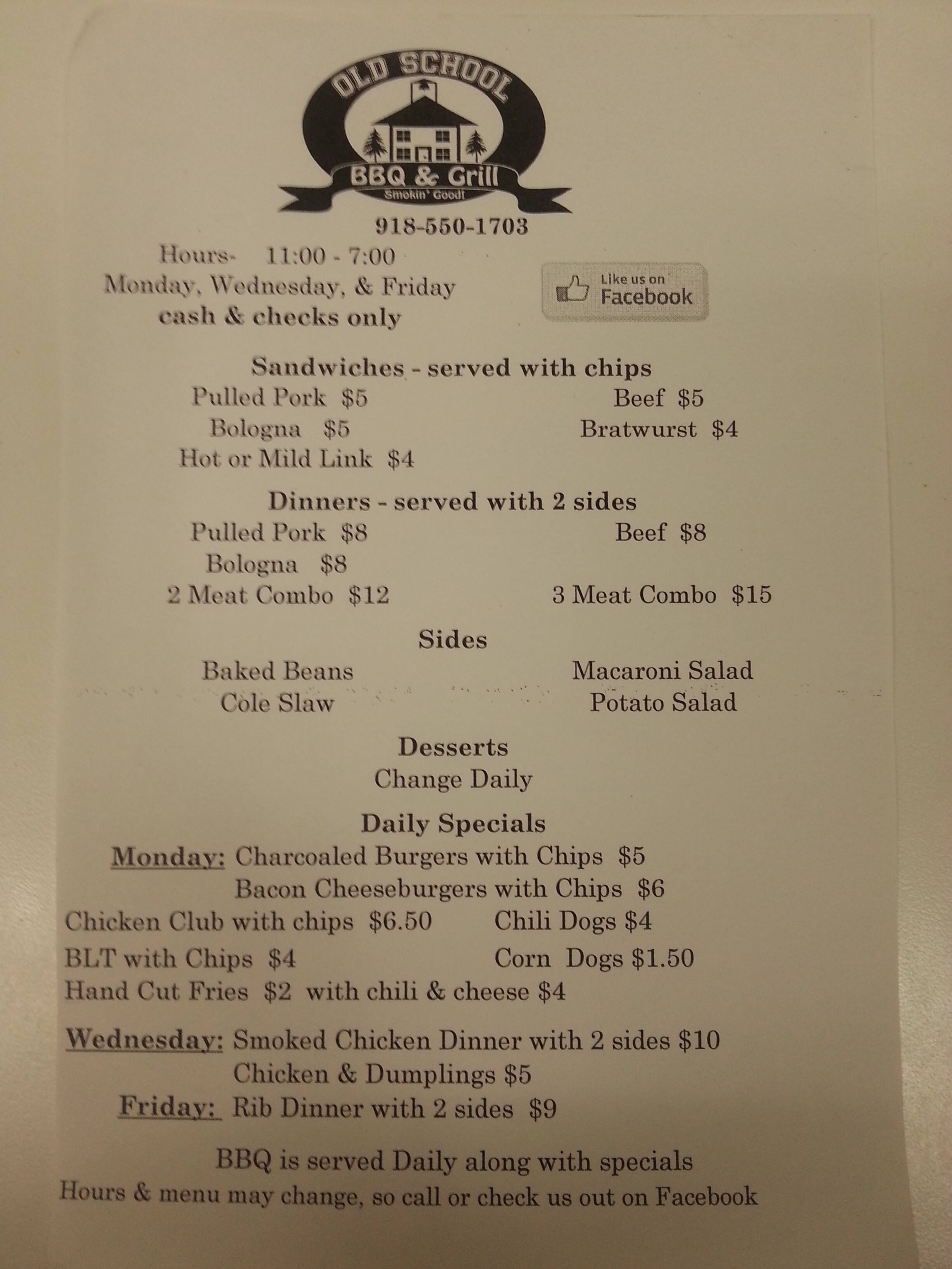 Old School BBQ and Grill Menu, Menu for Old School BBQ and Grill, Inola