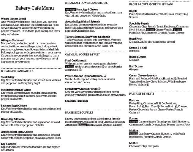 Panera Bread Menu Printable