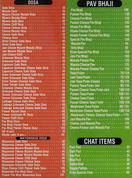 Kiran Fastfood Juice Centre menu