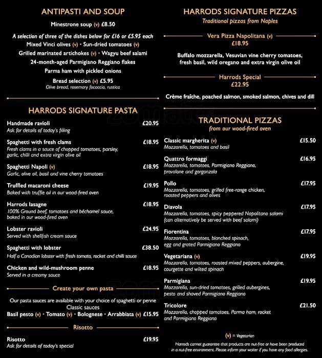 Pizzeria Canti Prosecco Bar Harrods Menu