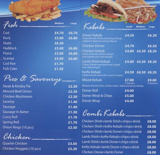 Queens Fish Bar Menü, Queens Fish Bar, Dagenham, London için Menü