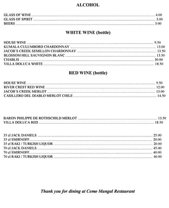 Cemo Restaurant menu