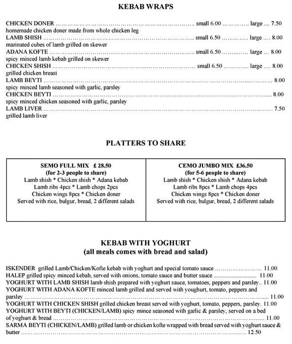 Cemo Restaurant menu