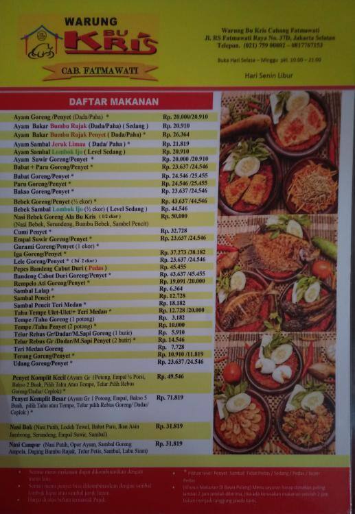 Warung Bu Kris Menu, Menu Untuk Warung Bu Kris, Kelapa Gading, Jakarta ...