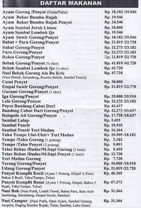 Warung Bu Kris Menu, Menu for Warung Bu Kris, Fatmawati, Jakarta ...