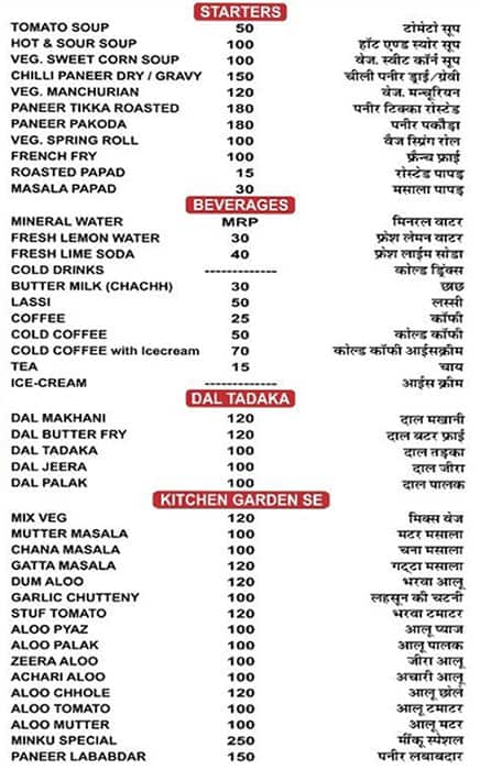 Menu Of Minku Restaurant, Sikar Road, Jaipur