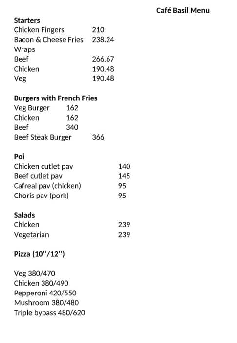 Menu of Cafe Basil Panaji Goa