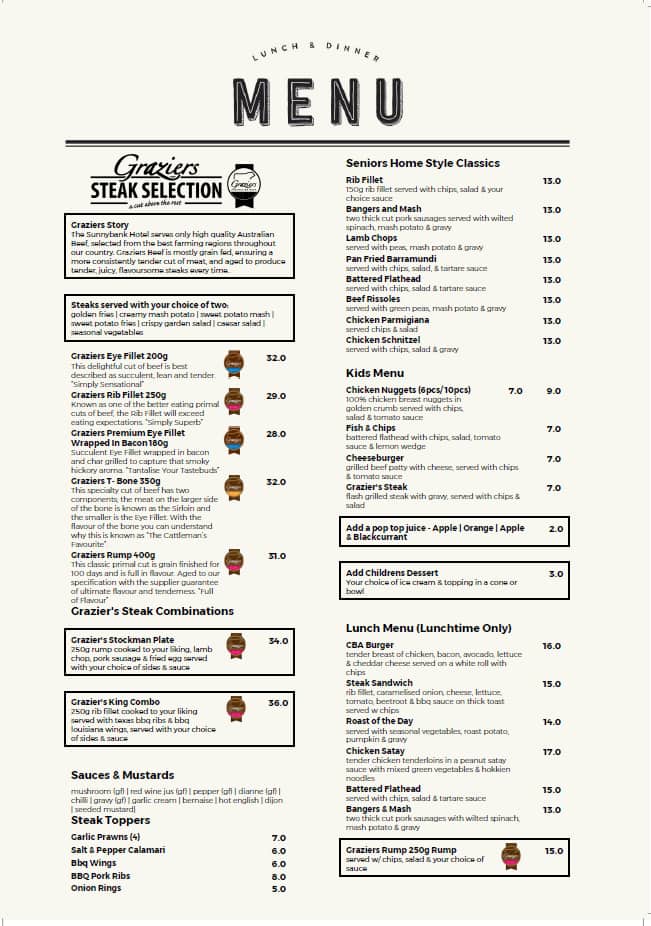 Menu of Sunnybank Hotel, Sunnybank, Brisbane