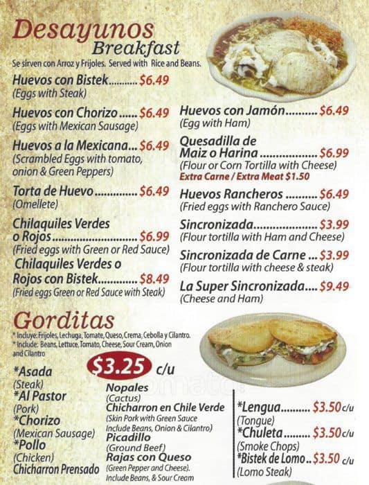 Menu at Taqueria Morelia restaurant, Chicago