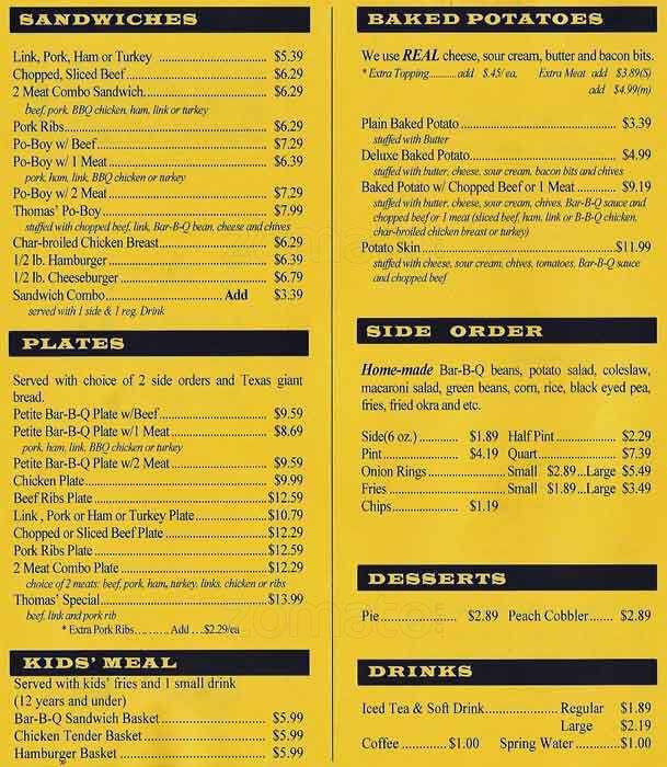 Thomas Bar BQ menu, Menu restauracji Thomas Bar BQ, The Woodlands