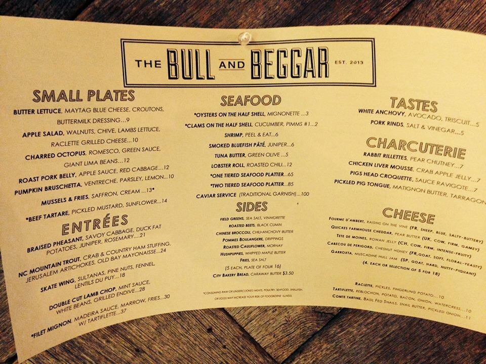 The Bull & Beggar Menu, Menu for The Bull & Beggar, River Arts District
