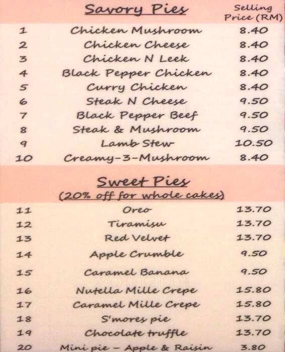 Just Pie Menu, Menu for Just Pie, Mid Valley City, Kuala Lumpur