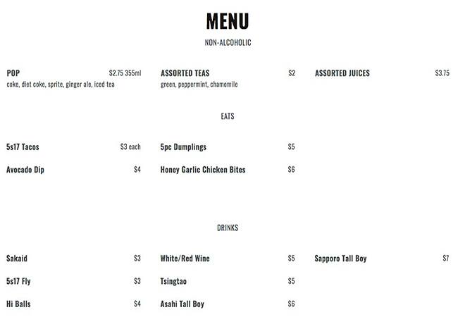 5s17 menu