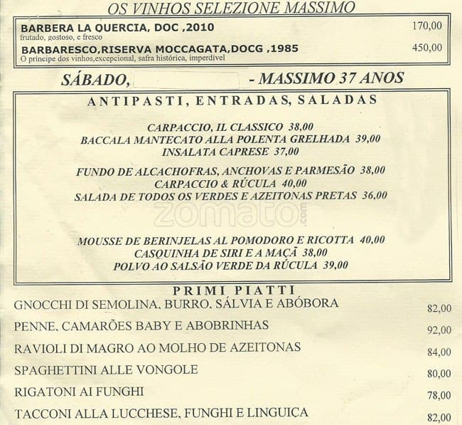 Massimo cardápio