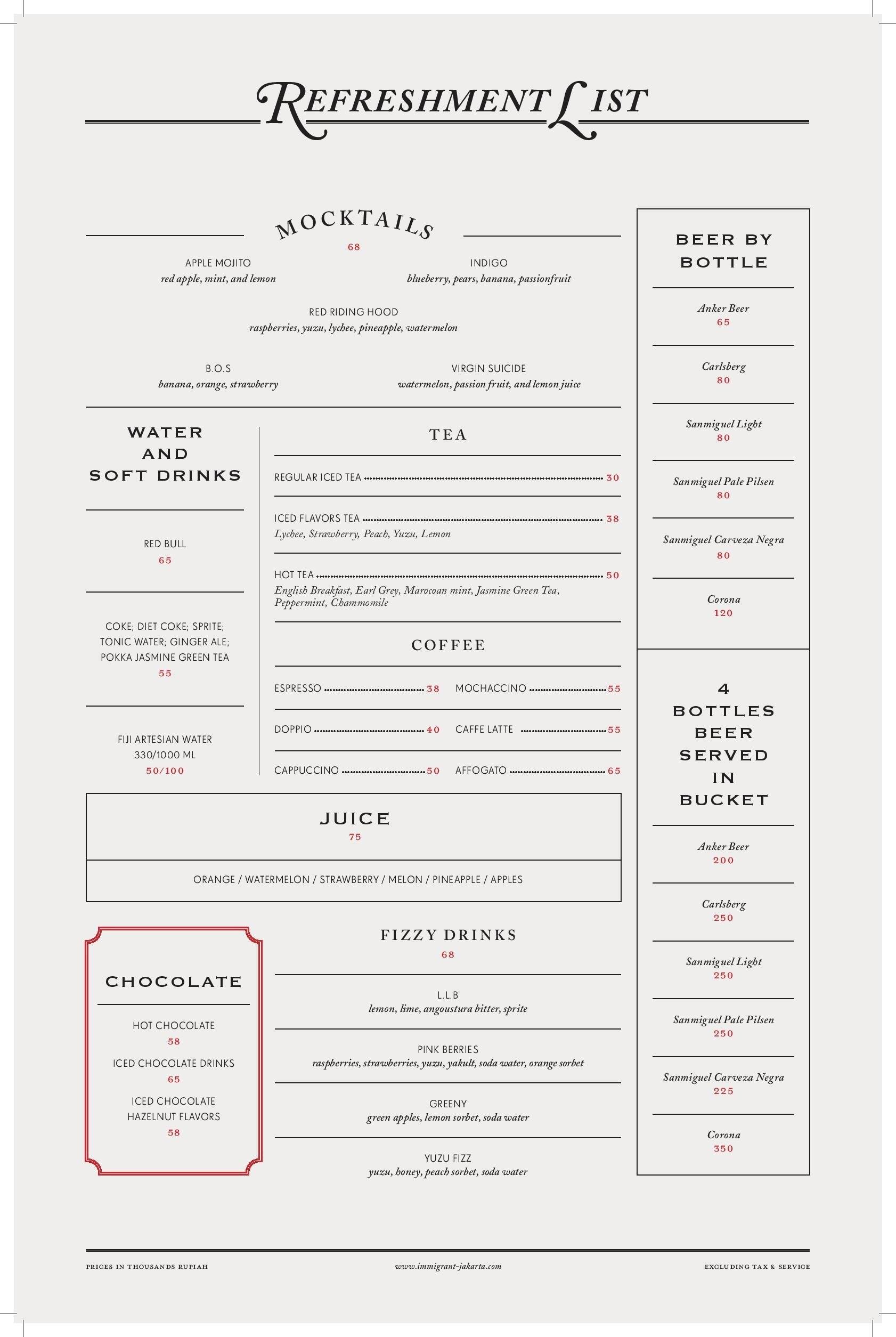 Menu at The Immigrant Dining Room pub & bar, Jakarta