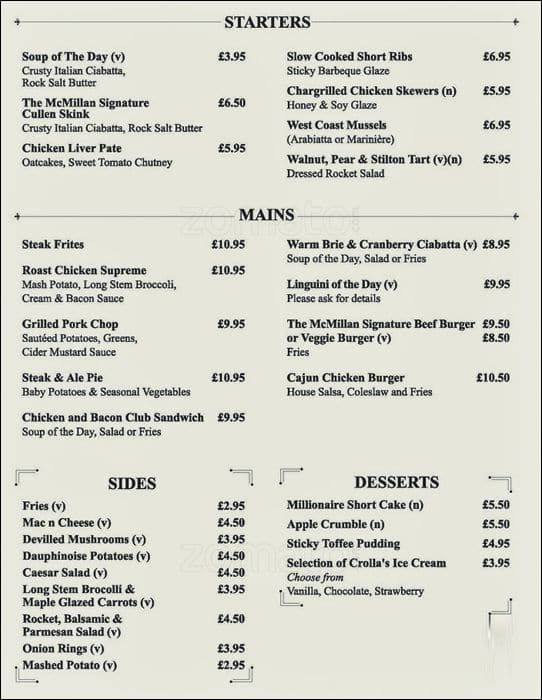 Menu at The McMillan Bar + Chop House, Glasgow, 862 Pollokshaws Rd