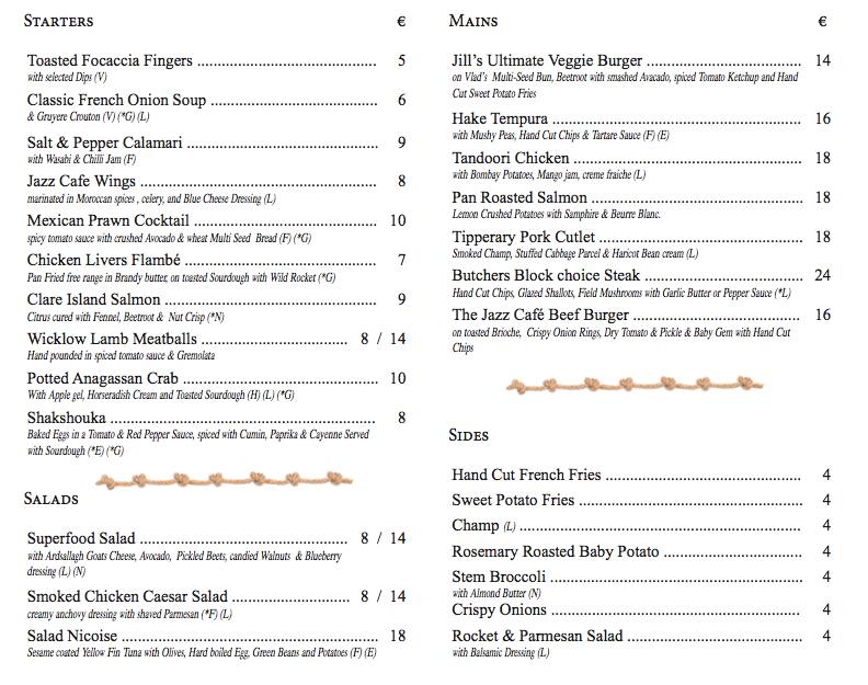 Jazz Cafe Menu, Menu for Jazz Cafe, Temple Bar, Dublin Zomato Ireland