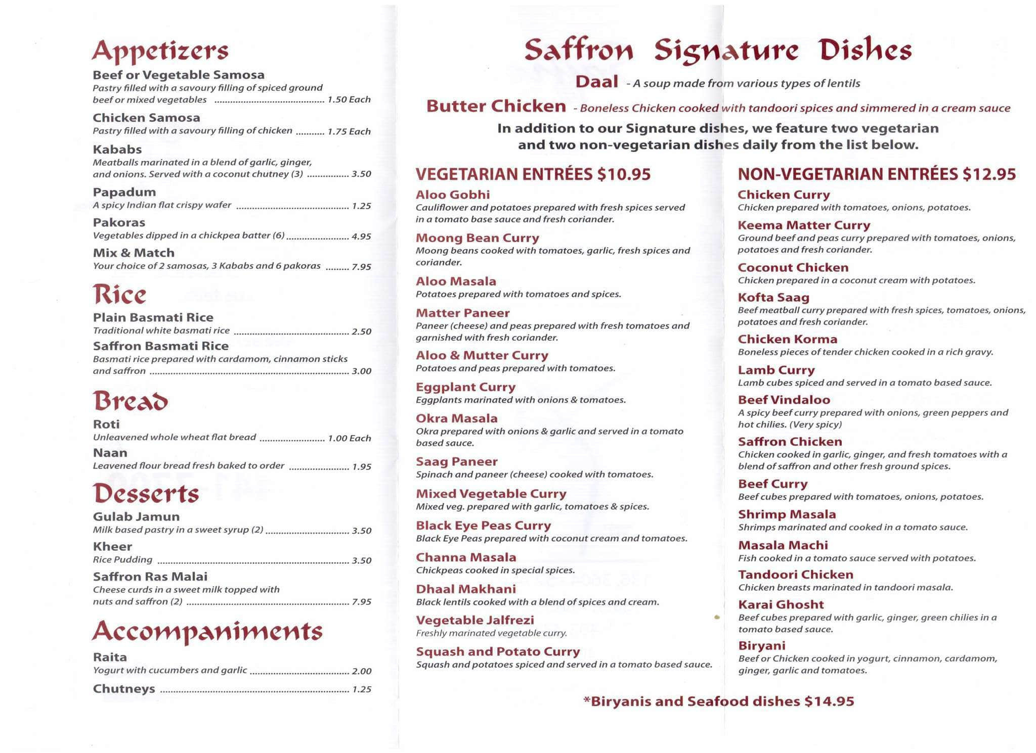 Saffron Menu, Menu for Saffron, Brentwood, Calgary - Urbanspoon/Zomato