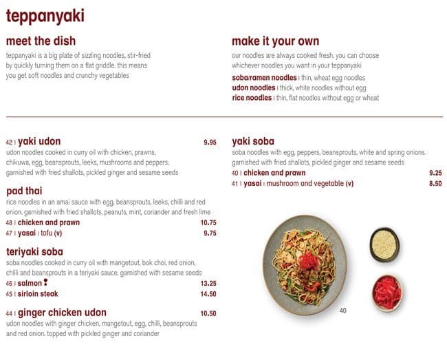 Menu at Wagamama restaurant, Nottingham