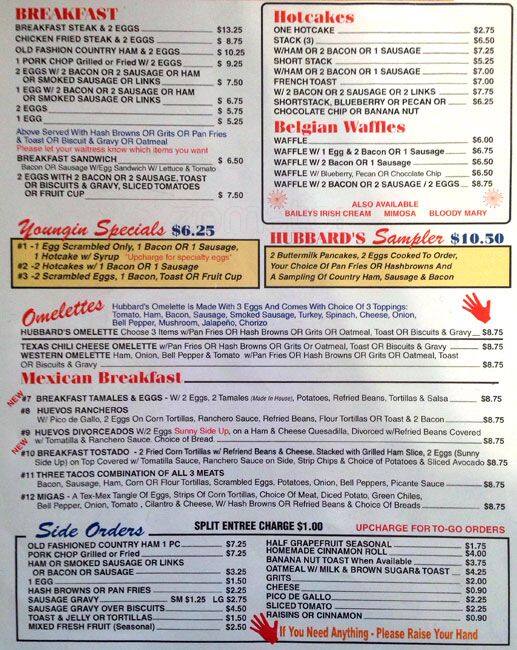 Menu at Hubbard's, Rowlett