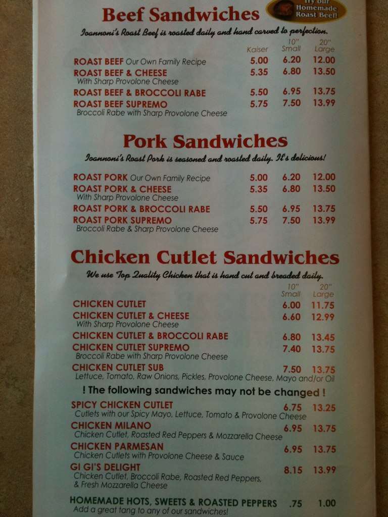 Ioannoni's Specialty Sandwiches Menu Urbanspoon/Zomato