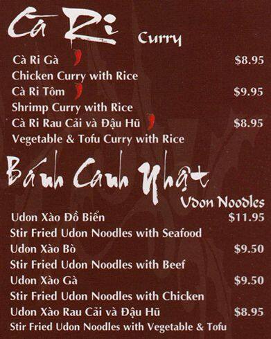Menu at Pho Huong restaurant, Toronto, 394 Pacific Ave