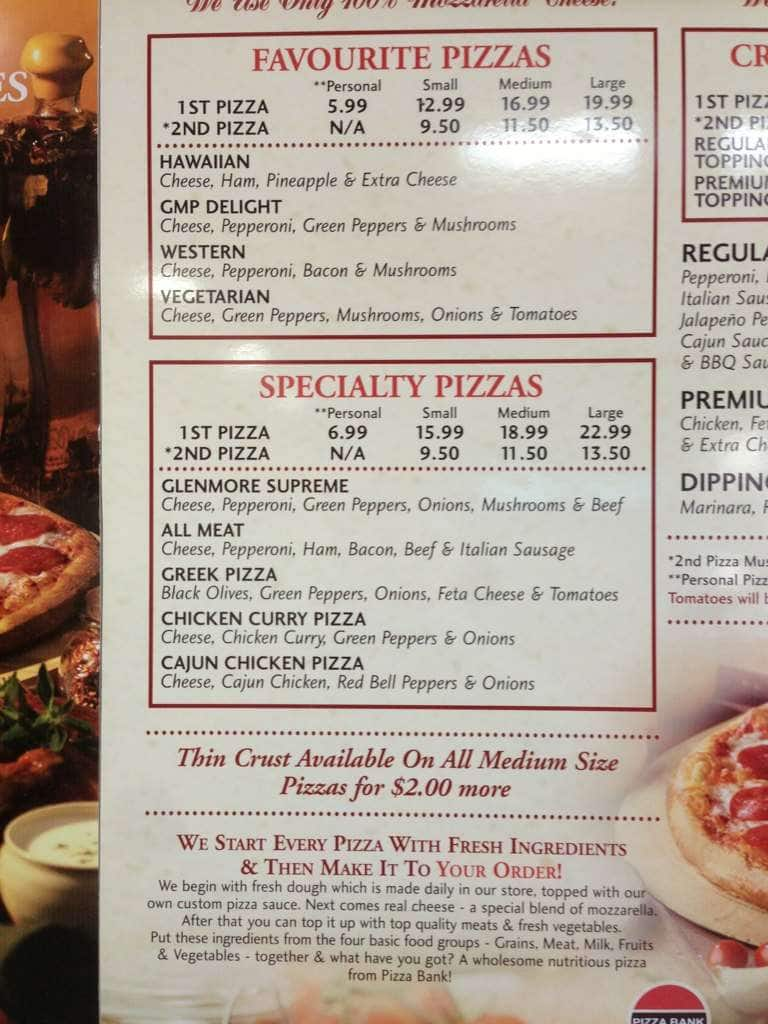 Menu at Pizza Bank pizzeria, Calgary, 90 Ave SW E185