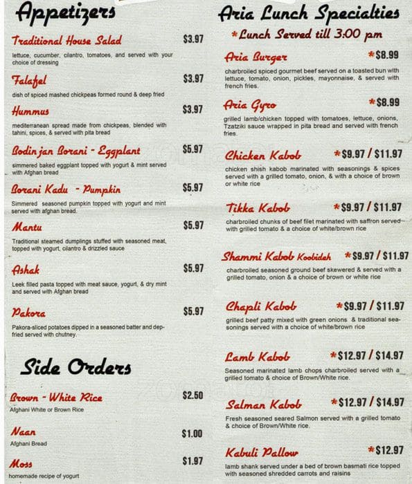 Aria Menu, Menu untuk Aria, Downtown Oakland, Oakland Urbanspoon/Zomato