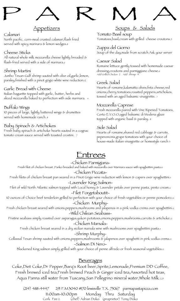 Menu at Parma Pasta Pizza pub & bar, Lewisville