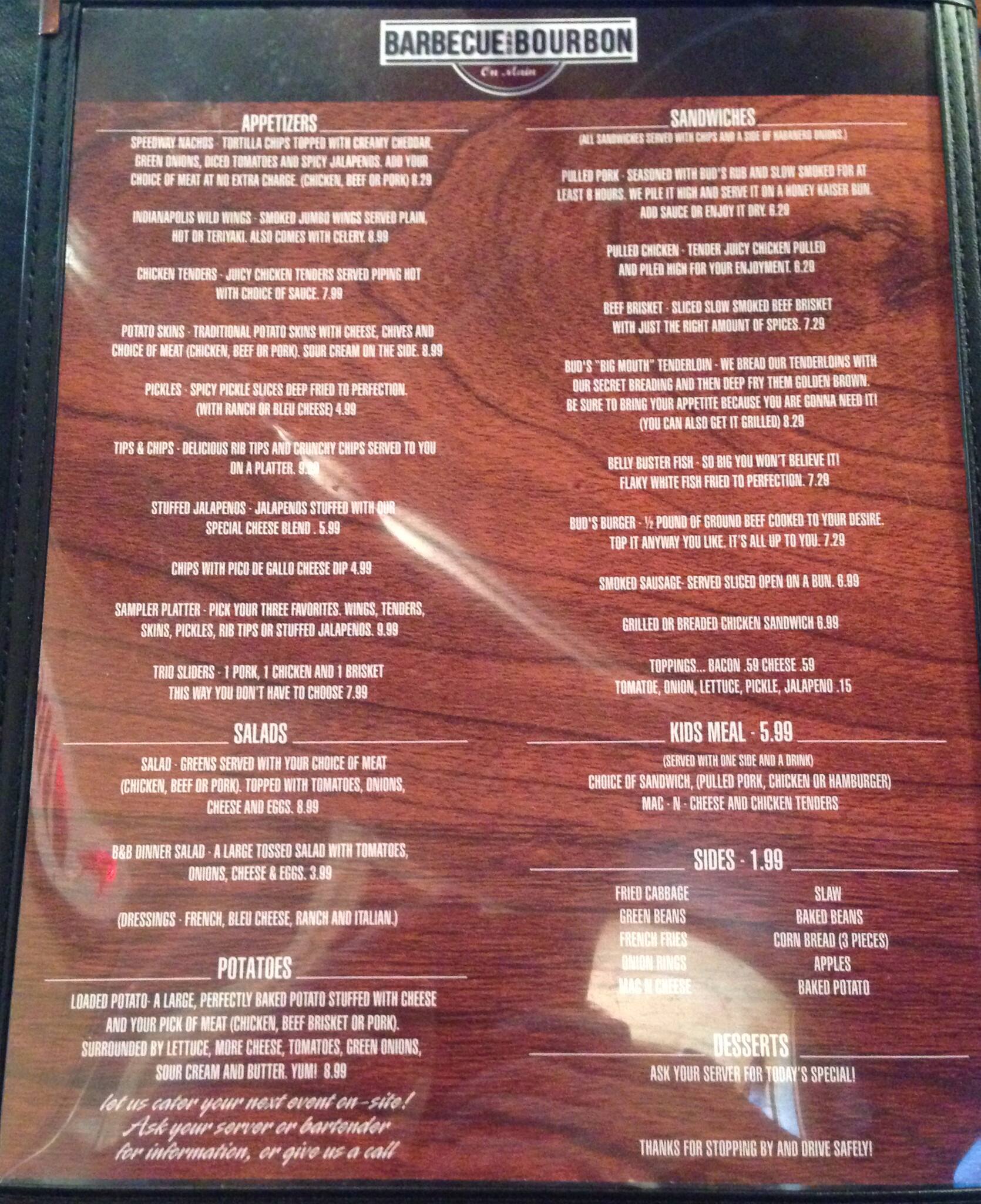 Barbecue and Bourbon menu