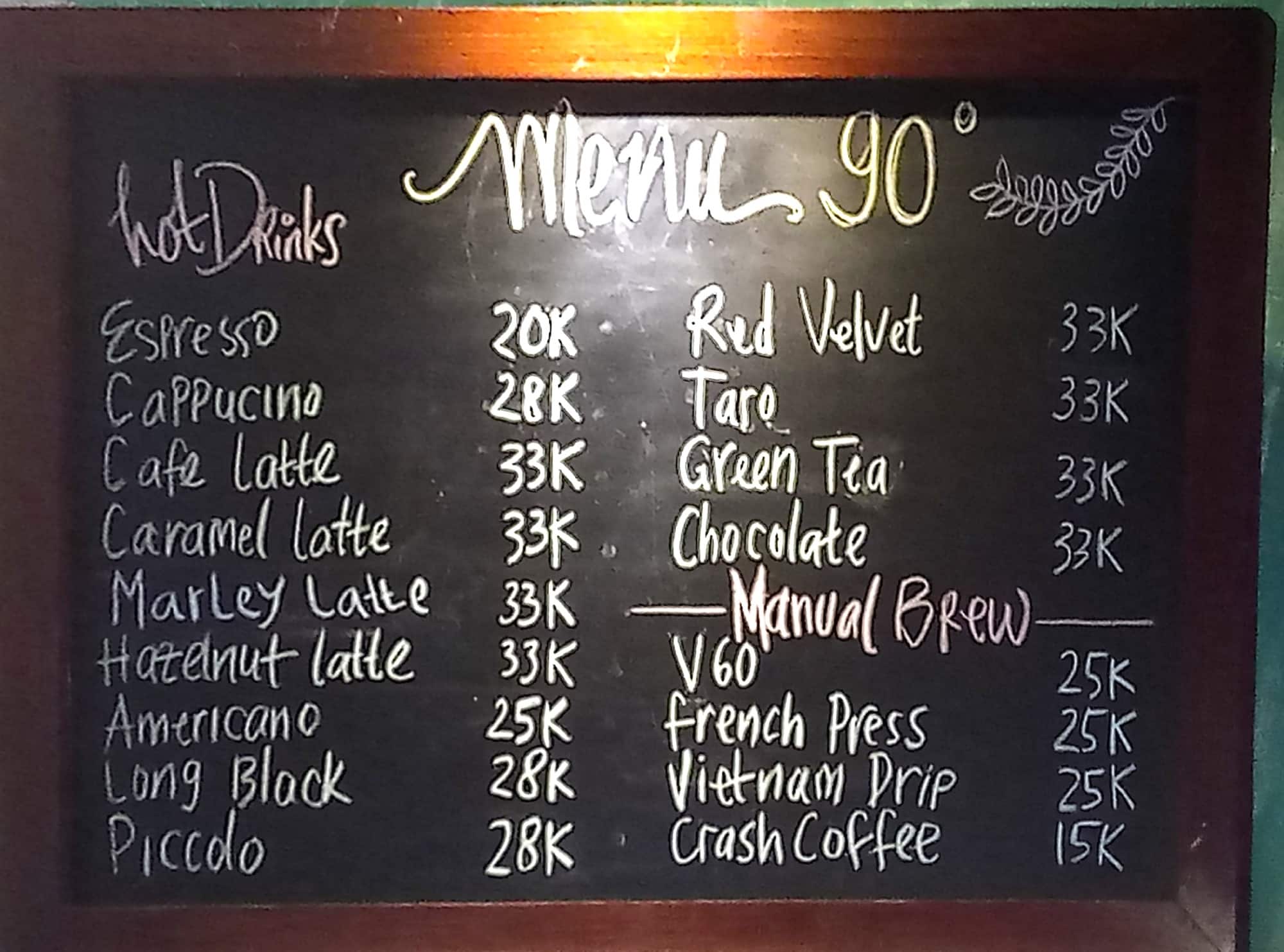 Ninety Degrees Coffee Menu Ninety Degrees Coffee Menu