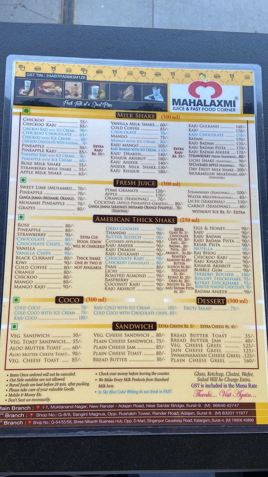 Menu of Mahalaxmi Juice & Fastfood Corner, Katargam, Surat