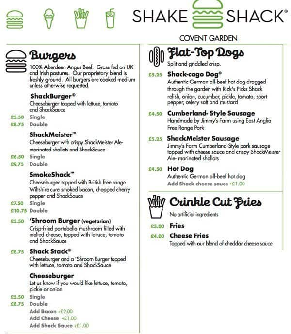 Shake Shack Menu Menu For Shake Shack Covent Garden London