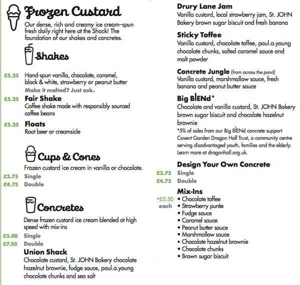 Menu at Shake Shack restaurant, London, 24 Market Building