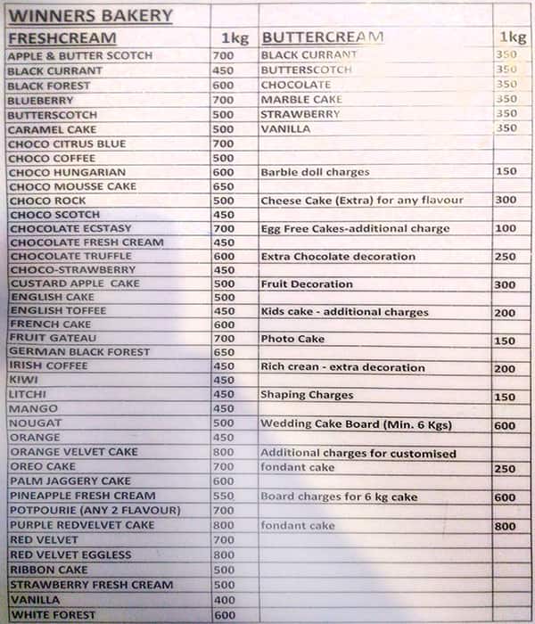 WINNERS BAKERY (Chennai) menu