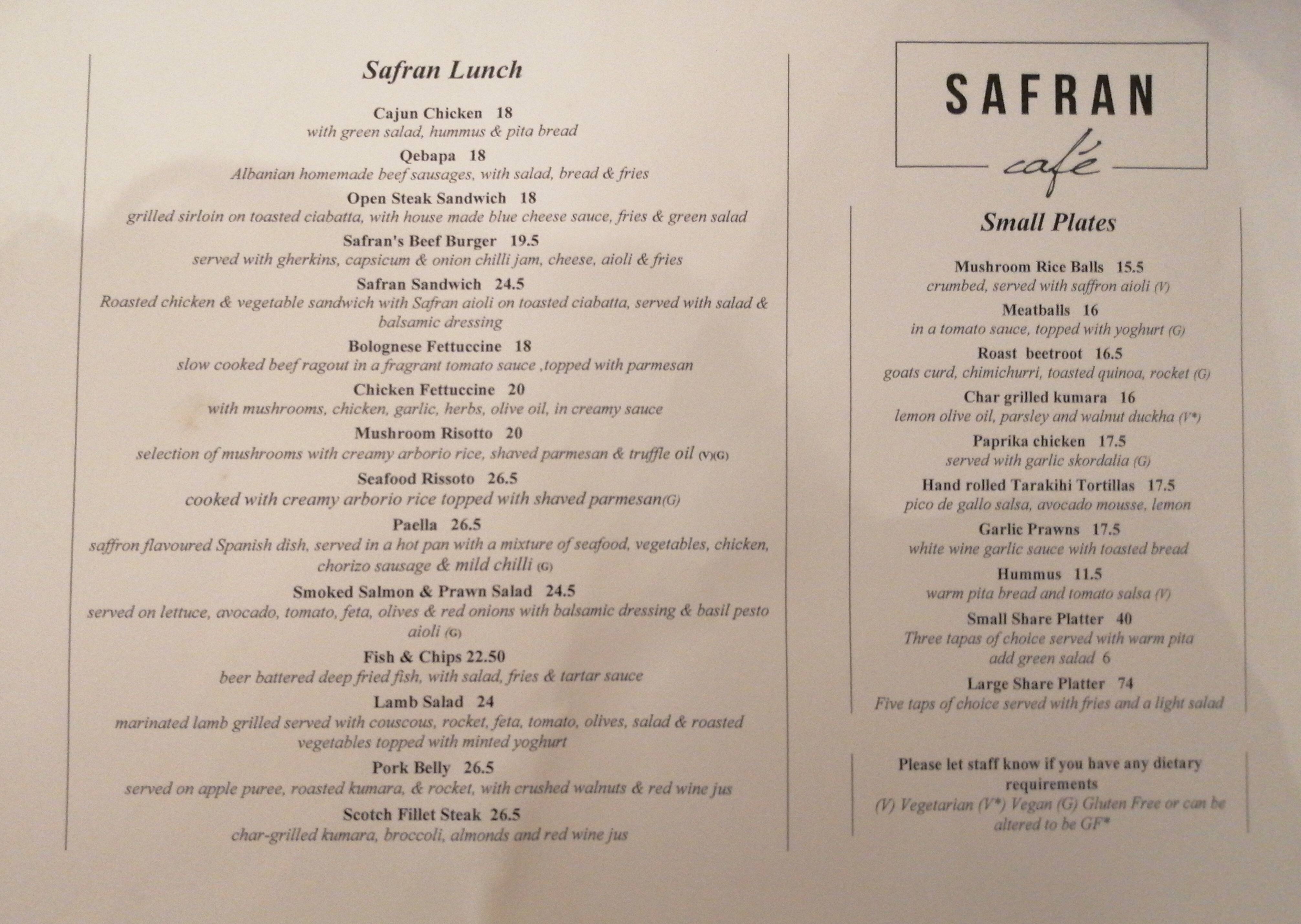 Menu at Safran Cafe, Auckland