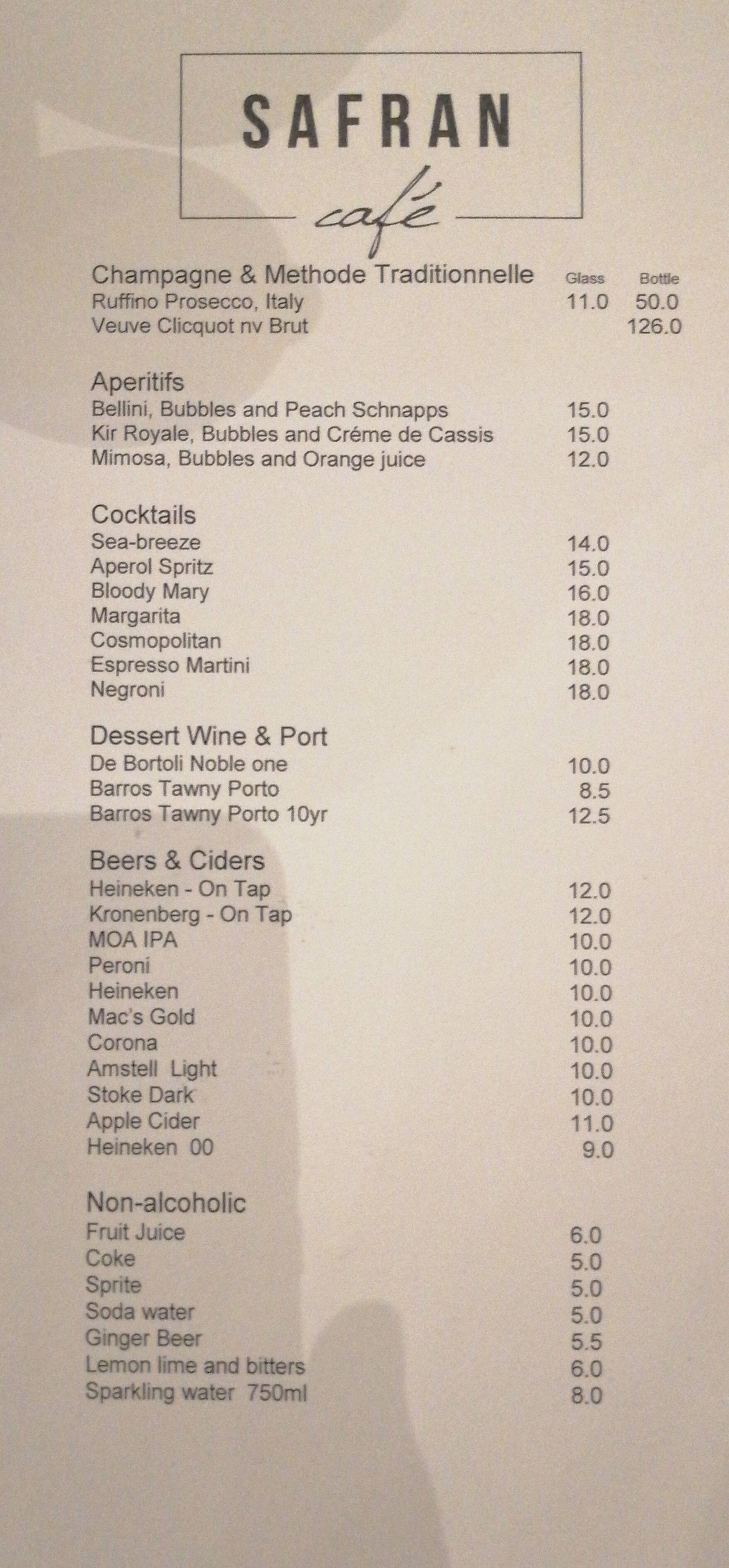 Menu at Safran Cafe, Auckland