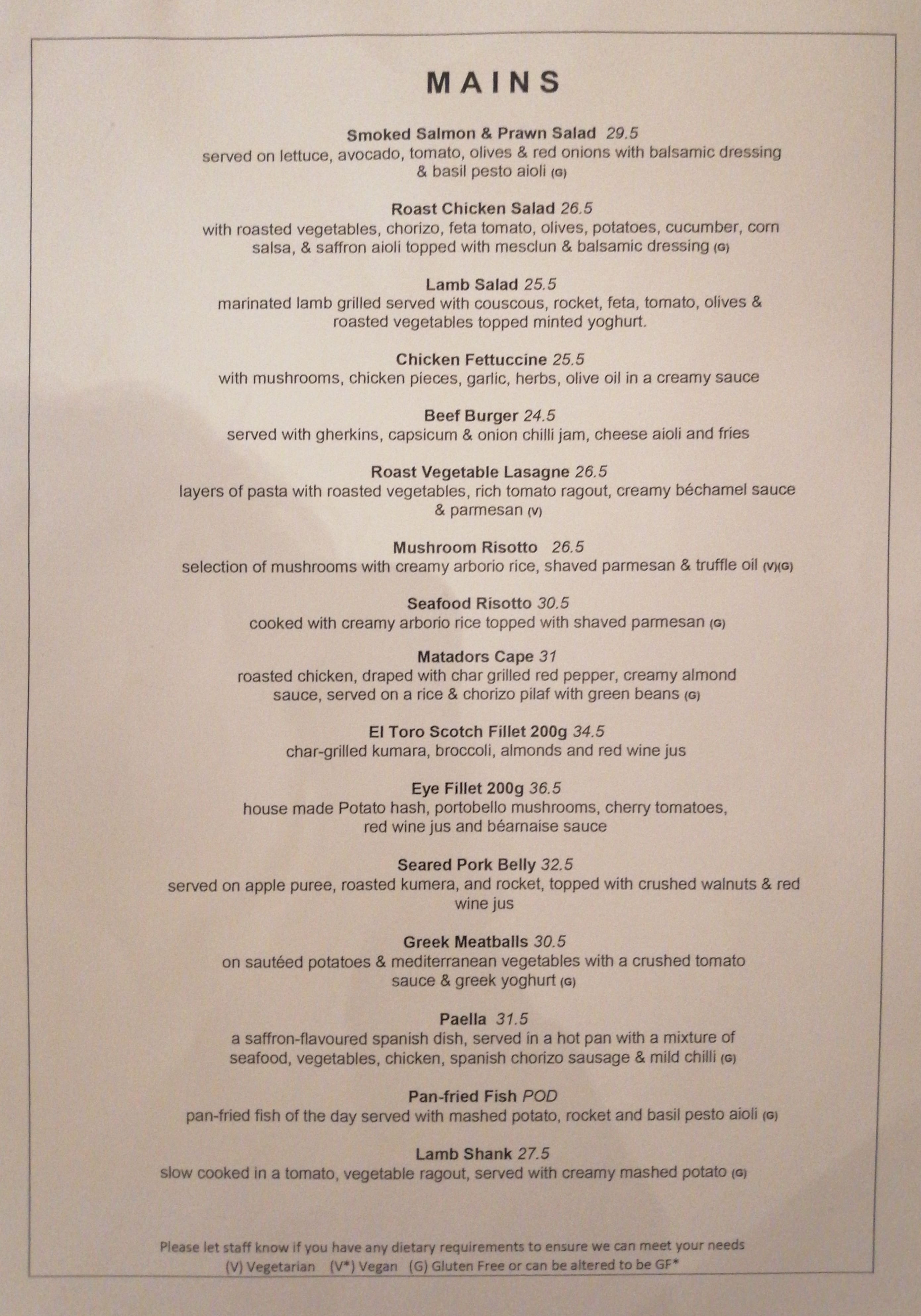 Menu at Safran Cafe, Auckland