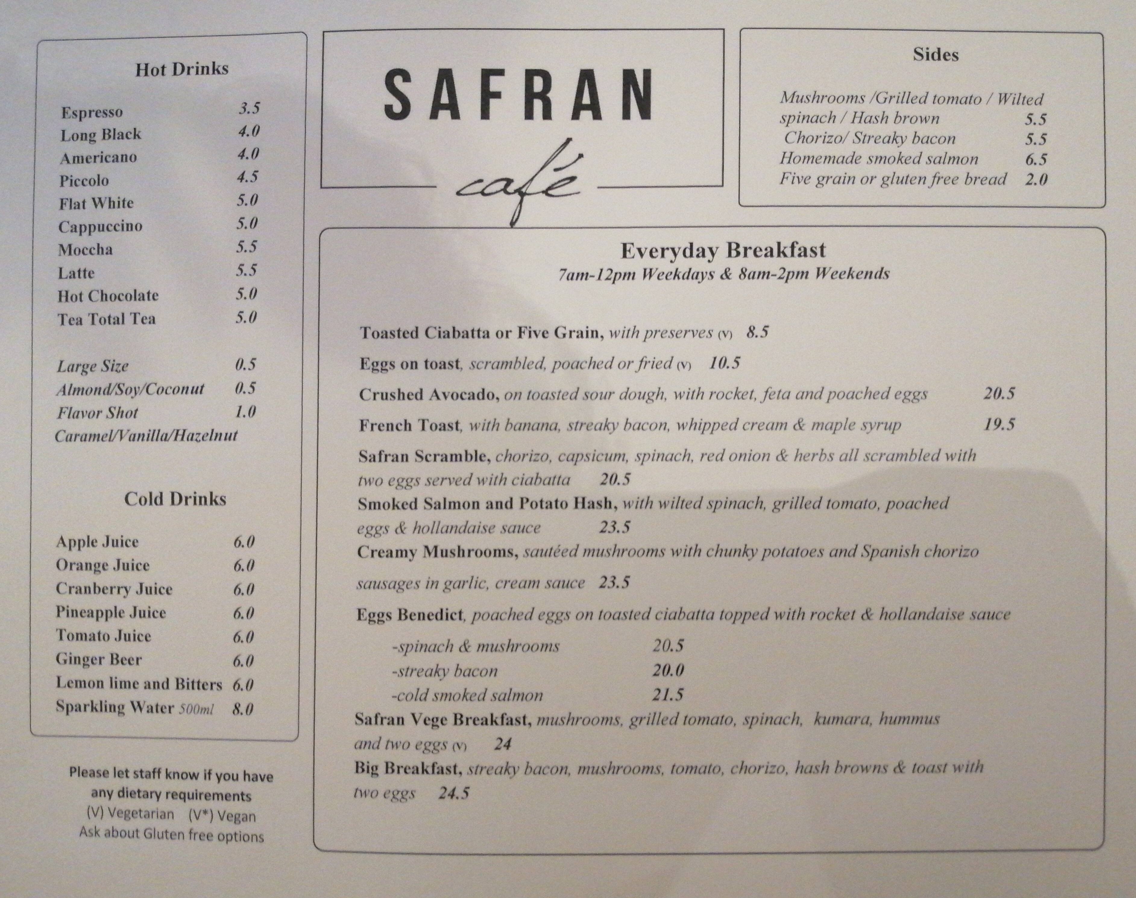 Menu at Safran Cafe, Auckland