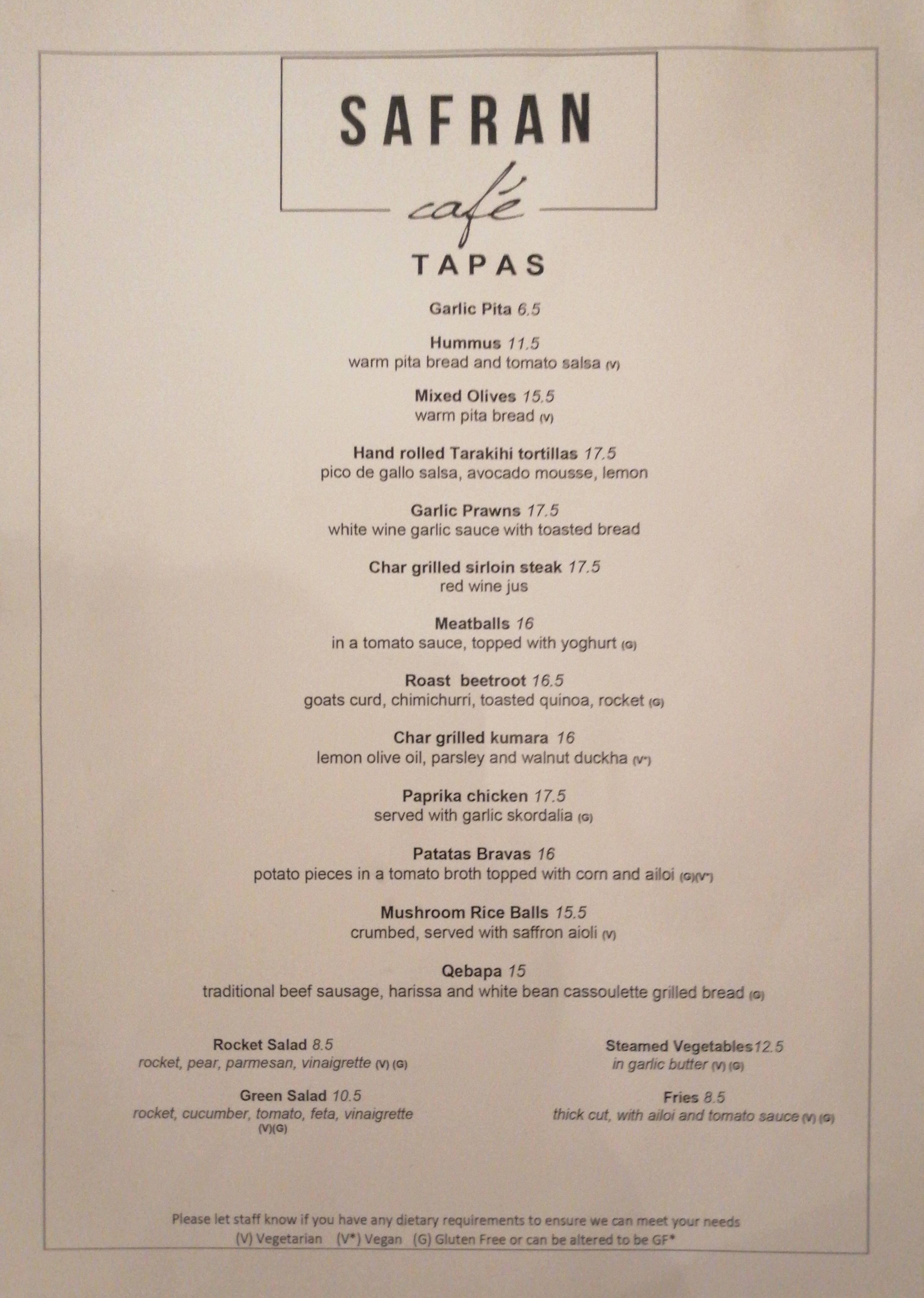 Menu at Safran Cafe, Auckland