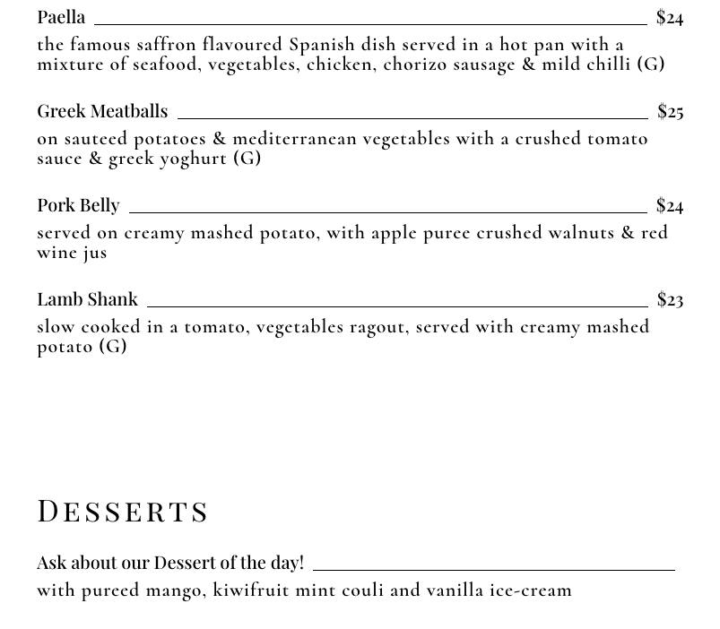 Menu at Safran Cafe, Auckland