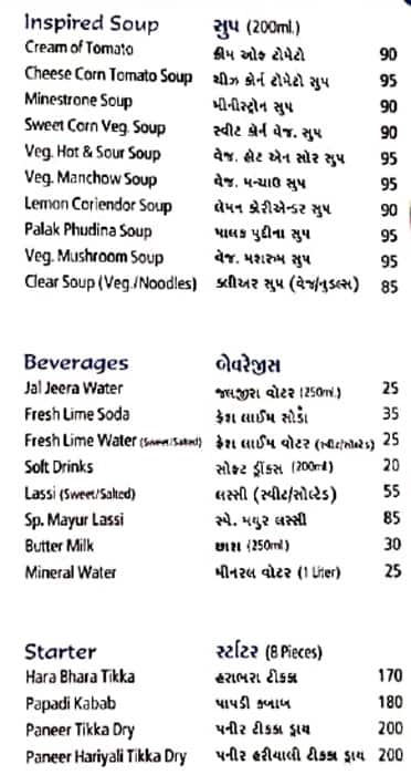 Mayur Restaurant- II menu
