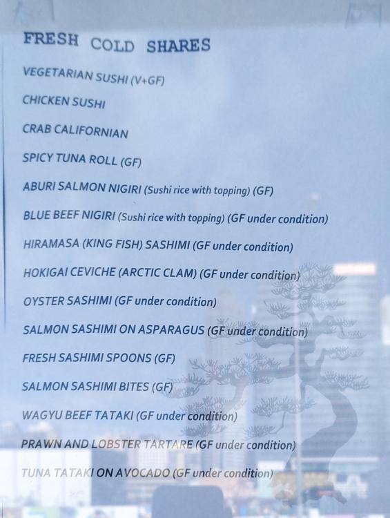 Menu at The Bonsai restaurant, Northbridge