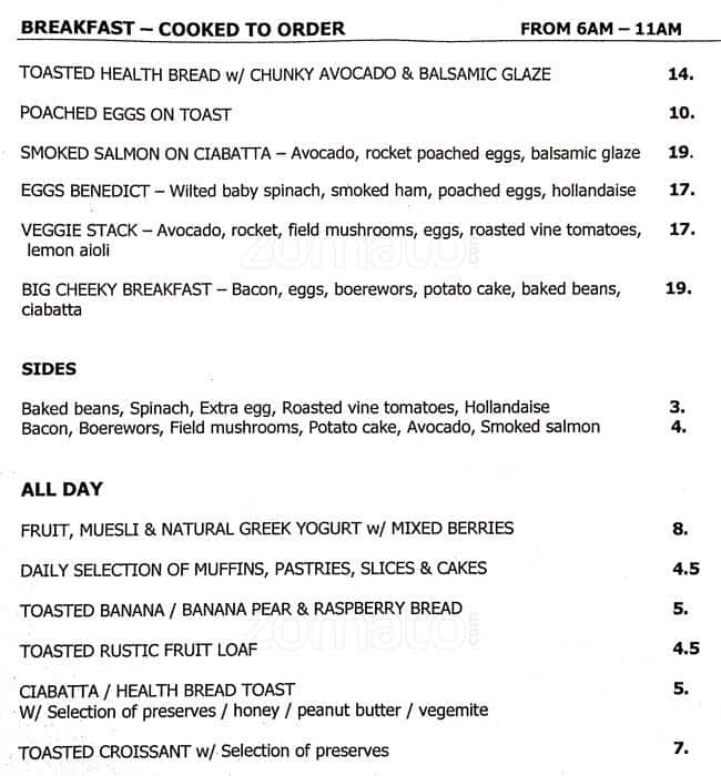 Cheeky Cafe Menu, Menu for Cheeky Cafe, Scarborough, Perth