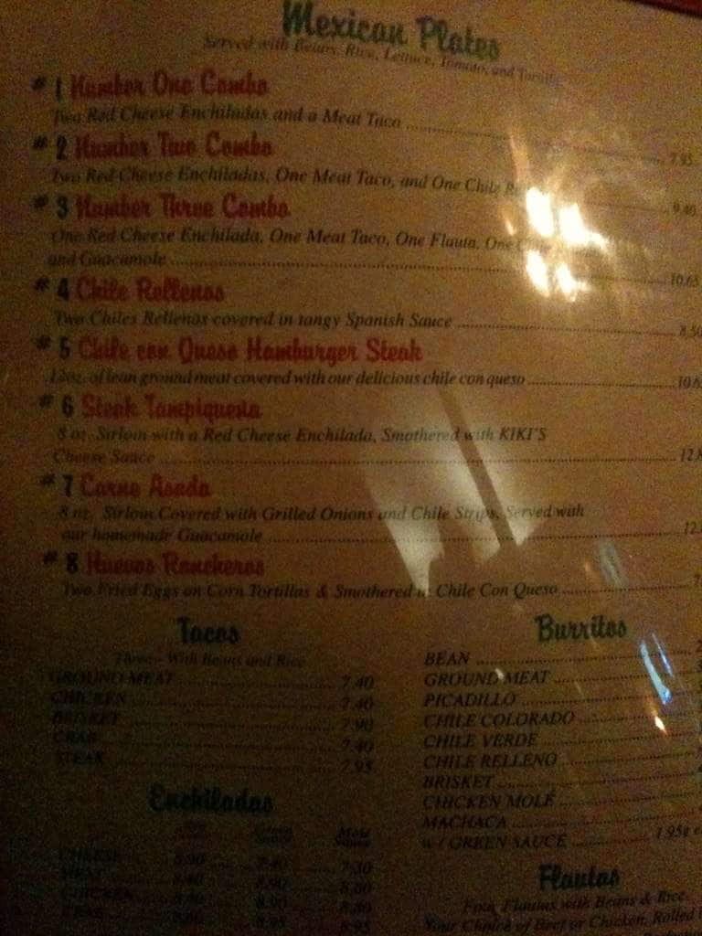 Menu at Kiki's Mexican Restaurant, El Paso