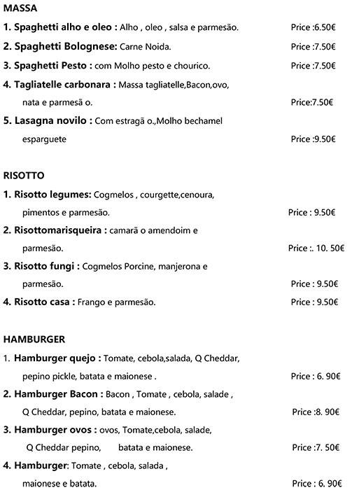 Menu em Italian Spice restaurante, Lisboa